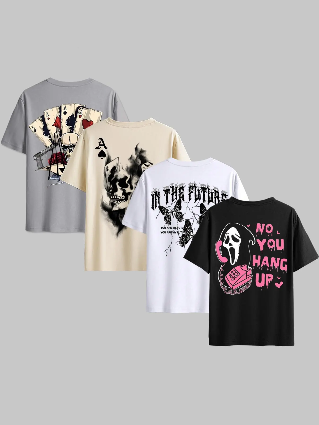 Men's 4 Pack Round Neck Short Sleeve T-Shirts, Streetwear Artistic Poker Card Print, Casual Comfortable Summer Outdoor Wear, Soft Easy Care Fabric