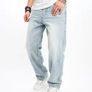 Wide-Leg Men's jeans Simple solid Loose Straight  Trousers For Men's Cotton Jogging  Denim Pants Menswear Underwear Human Beige mid waist plain Jean Baggy Jeans Men