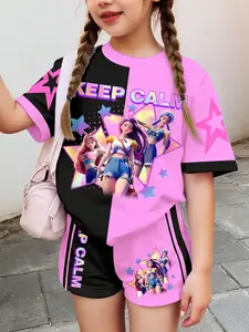 Spring Summer Fashion Kpop Anime Girl Patchwork Print Set, Girls Short Sleeve T-Shirt and Shorts 2 Piece Set, Soft Comfortable Fabric