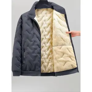 Men's Casual Fleece Lined Jacket, Geometric Pattern Design, Long Sleeve Zipper Closure, Polyester Fabric, Fall & Winter Wear, Thermal Lined Jacket