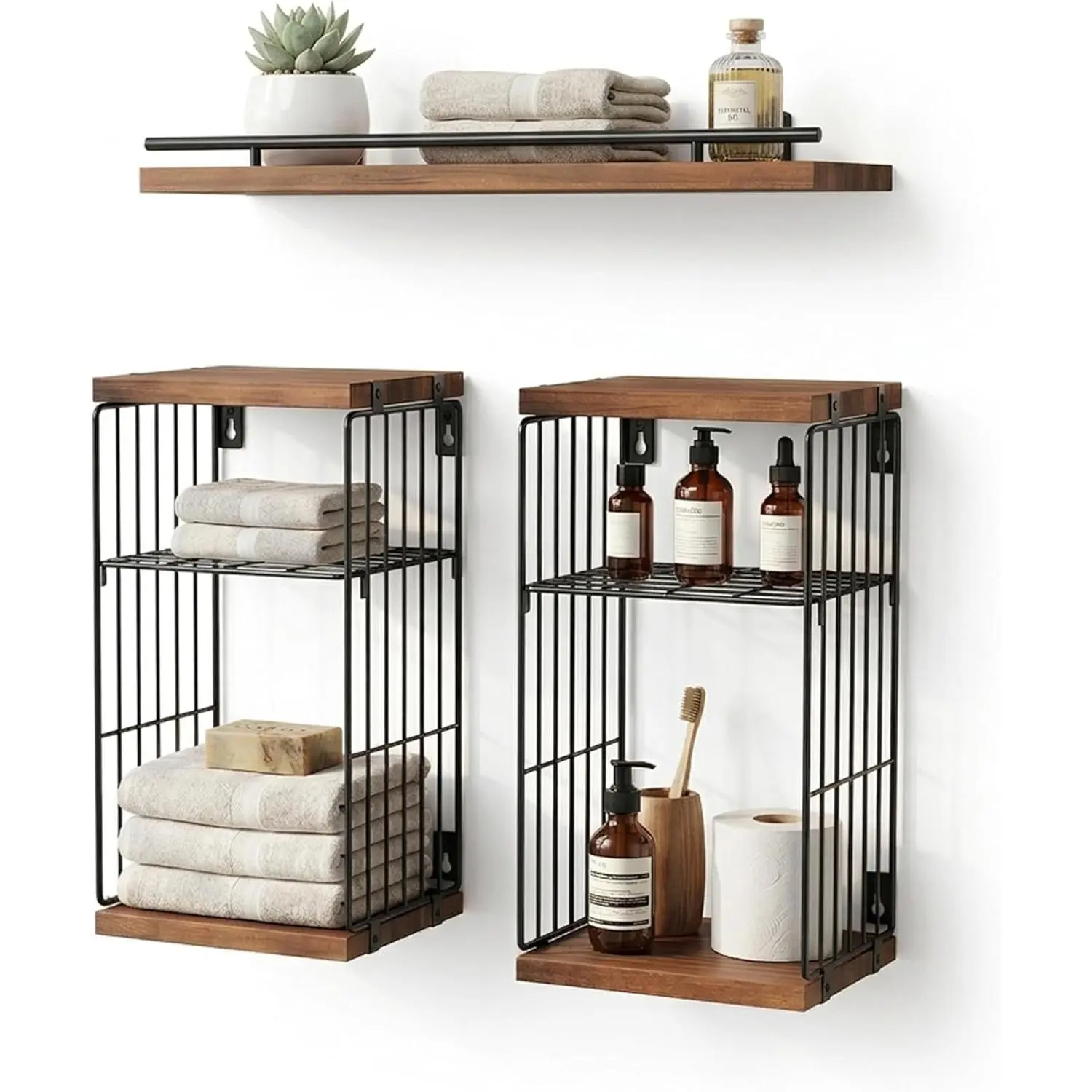 RoleDes 3-Piece Industrial Metal & Wood Wall-Mount Hanging Floating Shelves Set - Built-In Divider, Toilet Paper Holder, Flexible Layout, Guardrail Shelf, Drywall Installation for Bathroom, Laundry Room Maximum Storage