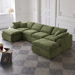 Modern Minimalist U-Shaped Modular Cloud Sectional Sofa, Boneless Cream Chenille Fabric with 2 Ottomans, Zero Assembly, Vacuum Compressed Delivery