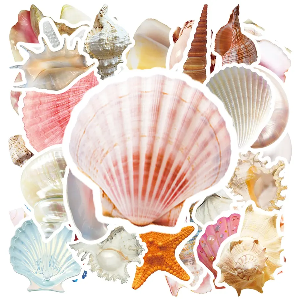 50 Pcs Realistic Seashell Starfish Ocean Vinyl Stickers,Aesthetic Beach Conch Shell Decals,Waterproof Removable Sticker Pack for Car Window, Car Interior, Helmet, Water Bottle, Laptop, Luggage, Coastal Ocean Theme Decor Stickers for Teens Adults DIY Craft