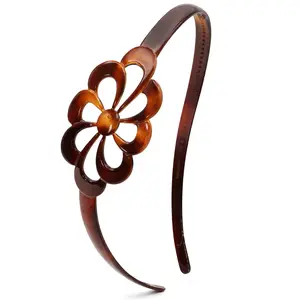 Parcelona French Wide Flower Tortoise Shell Brown Celluloid Acetate Headband