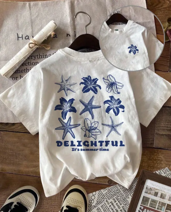 Women Cotton Short Sleeve T Shirt Starfish Lily Back Print Crew Neck Casual Summer Top Machine Wash Soft Cotton Printed Tee
