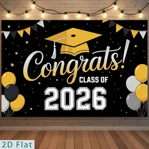 2D Flat - 2D Flat - Flat 2D for Party Banners, a Single Polyester Backdrop Celebrating The Class of 2026, Featuring a Black And Golden Graduation Poster. Ideal Decorations for High School And