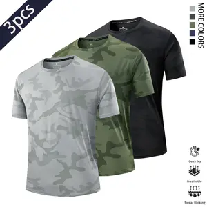 Men’s Summer Three-Pack Camouflage Short-Sleeve T-Shirts, Sports Fitness Style, Made from Polyester Fiber for Breathability and Sweat Absorption, Suitable for Outdoor Training, Running, Workouts, and Everyday Casual Wear