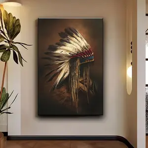 [Wooden Framed Indian Headdress Art] 1pc Wooden Framed Canvas Painting, Depicting an Indian Headdress Made of Feathers, Modern Popular Wall Hanging, Artwork Is Perfect for Office Corridor Home Living Room Decoration, Great Party And Christmas Gift