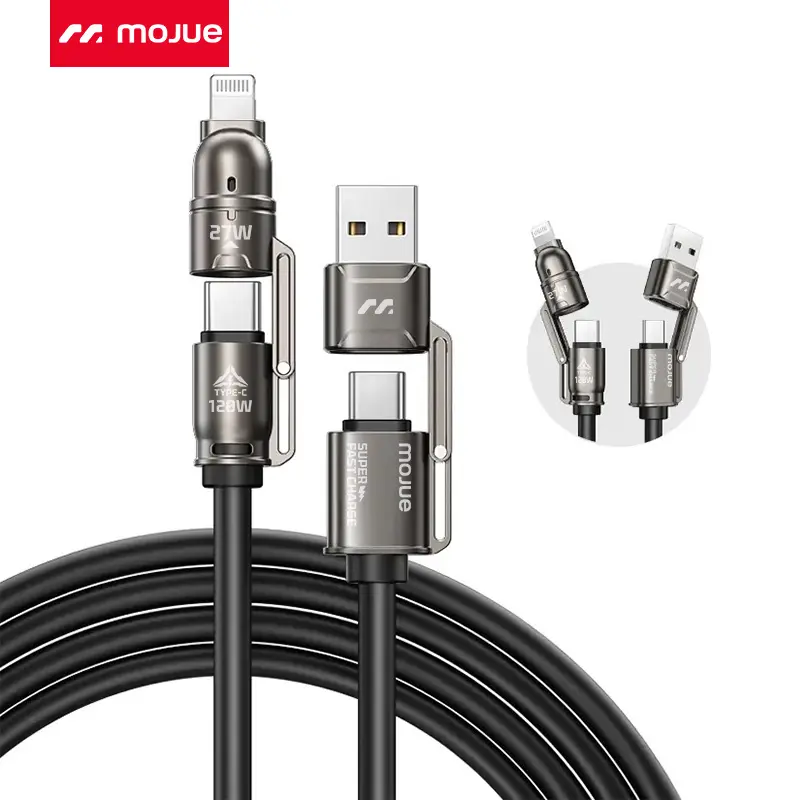 MOJUE 120W 4-in-1 USB-C Fast Charging Cable – 5FT Braided Multi Charging Cord with Type-C & Lightning Connectors, USB-A/USB-C Ports, Gray, Compatible with iPhone 17/16/15/14/13/12, iPad, AirPods, Samsung S25 & More