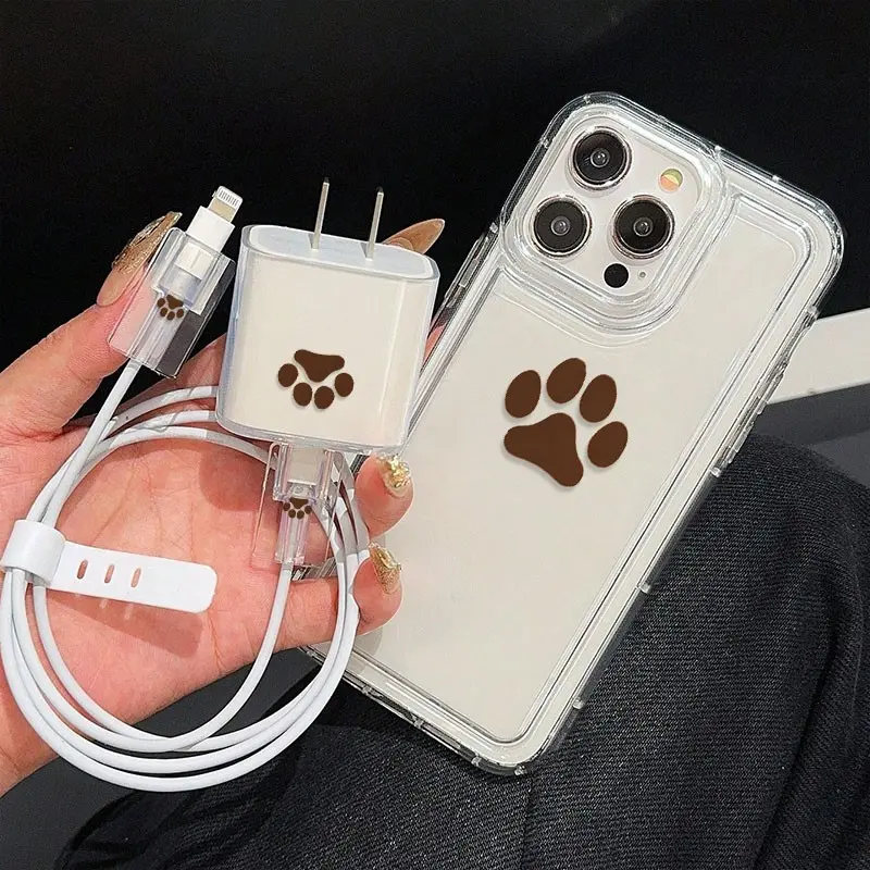 5 Piece Set Transparent Claw Print Phone Case, Charger Head Cover, Cable Protector, Storage Rope, Anti-Drop Protective Tpu Case, Shockproof Tpu Cover for iPhone