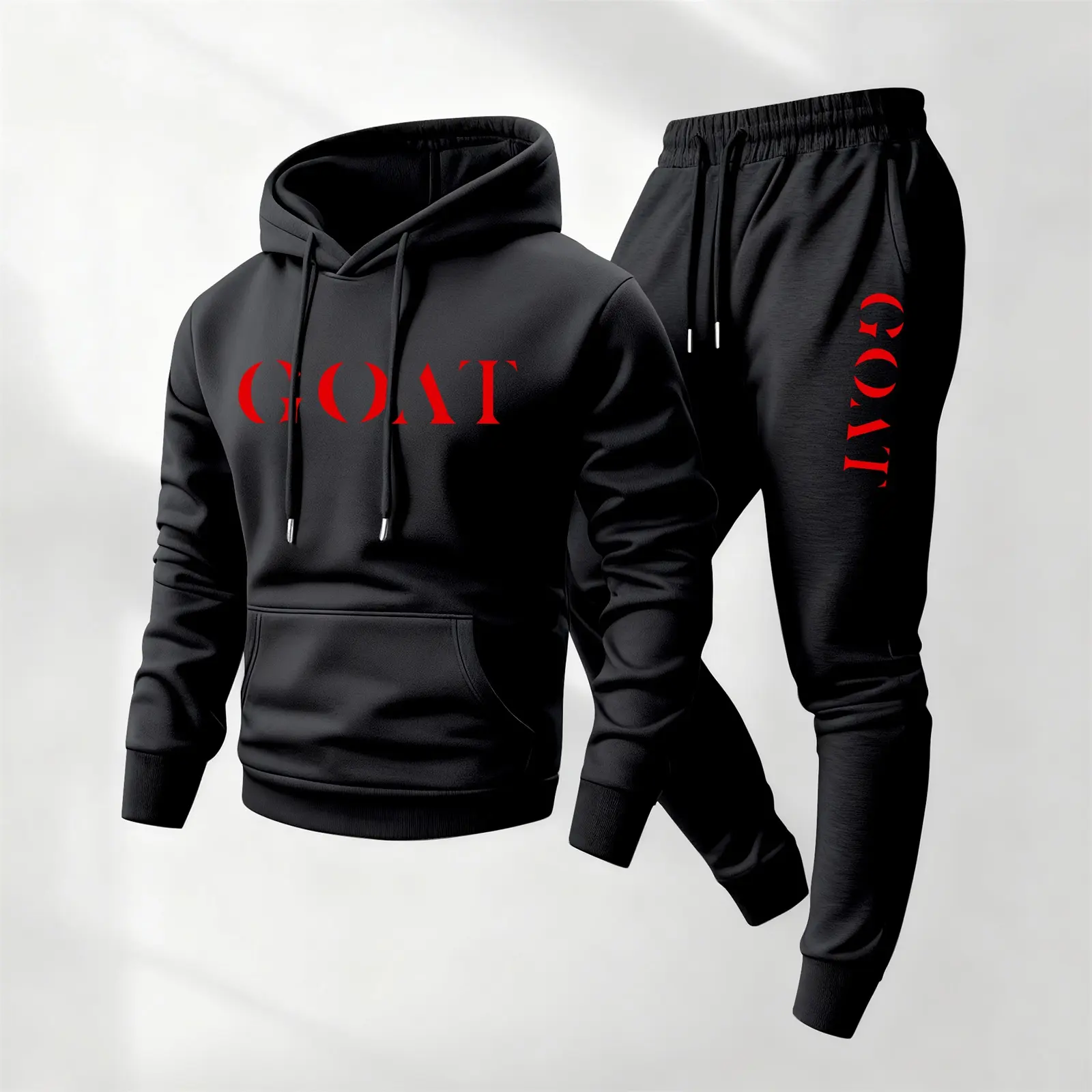 Men's Goat Letter Printed 2-Piece Polyester Hoodie & Drawstring Sweatpants Tracksuit Uniform - Soft Polyester, Comfy Wear, Sweatset Style, Machine Wash, Sporty Mensfashion Fall/Winter Training Outfit, Gym, Sporty Style Outfits, Clothes