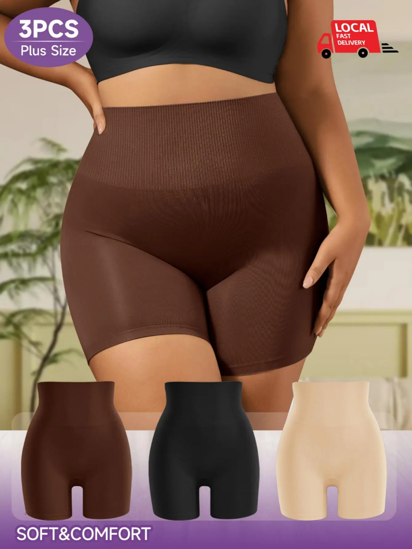 Women's 3PCS High-Waist Plus Size Boxer Shorts Set, Wide Stretchy Smooth Fit Firm Control, Breathable Lightweight Soft Skin-Friendly Stay-Put Fit Full Coverage Comfort Underwear for Curvy Women, 1XL-5XL