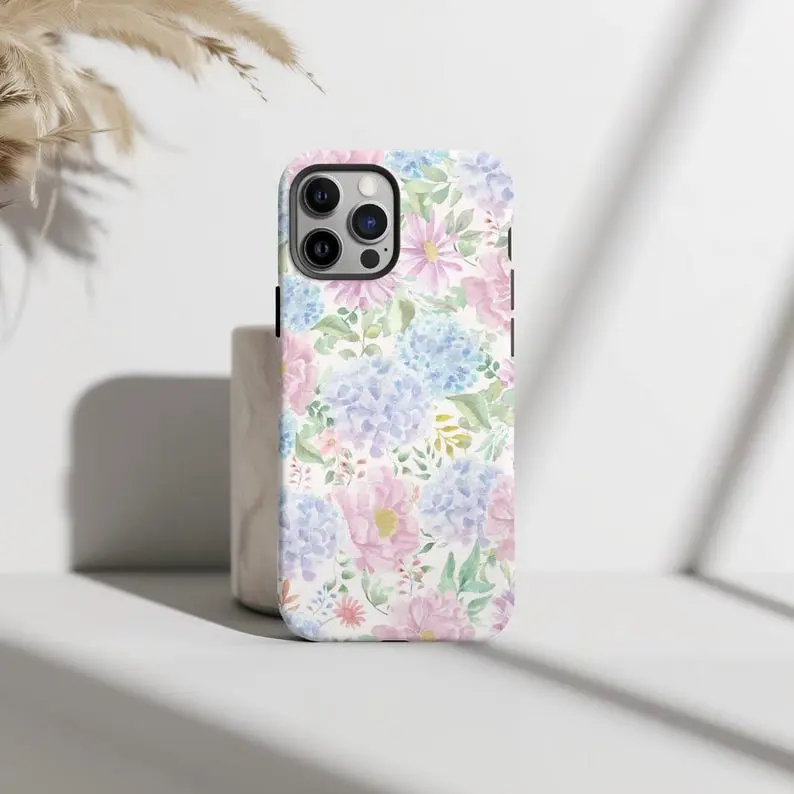 Watercolor Spring Floral Phone Case, Hydrangea Blooms Tough Phone Case, Spring Gifts Phonecover, Gift for her, Protective
