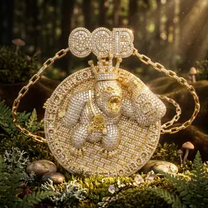 en's Custom Letter Gold Plated Crown Gorilla Pendant Necklace, Iced Out Roaring Ape Medallion with Diamond Brick Pattern, Bling Baguette Cubic Zirconia Hip Hop Streetwear Jewelry Accessory With Standard 4mm Rope Chain