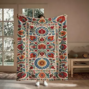 Suzani Floral Flannel Throw Blanket - Uzbek Embroidery Pomegranate Sun Motif, Soft Cozy Warm Boho & Botanical Blankets, for Couch Bed, Gift for Boho Art Lovers, Aesthetic Tribal Grandmillennial Decor, Boho Blankets