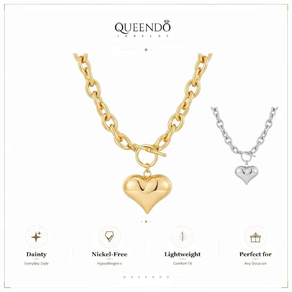QUEENDO Unisex 3D Puffy Heart Pendant Toggle Clasp Necklace - Casual 3-Dimensional Chunky Polished Cable Chain, 2-Tone Copper Coated, Affordable Layerable Statement Costume Jewelry for Daily Wear & Gifting, Three-Dimensional