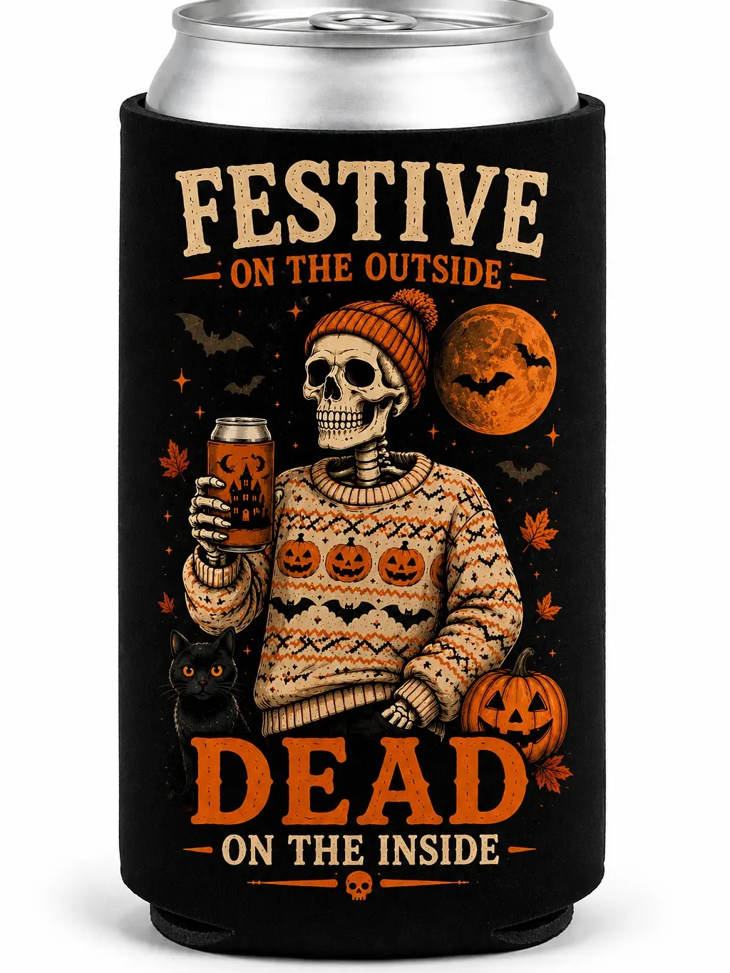 Festive on the Outside Dead on the Inside Funny Halloween Can Cooler, Double-Sided Neoprene Drink Sleeve, Regular or Slim Can Drinkware Reusable holiday