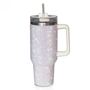 White Rhinestone 40 oz Tumbler Glamorous Spill-Proof Lid & Straw Friendly Opening Trendy Iced Coffee Mug Sparkly Hydration Cup