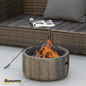 Outsunny 18" Stump-Style Outdoor Fire Pit Wood-Burning Brazier with Spark Screen & Poker for Backyard Patio & Camping Dark Brown Metal Magnesium Oxide 842-306V00DR