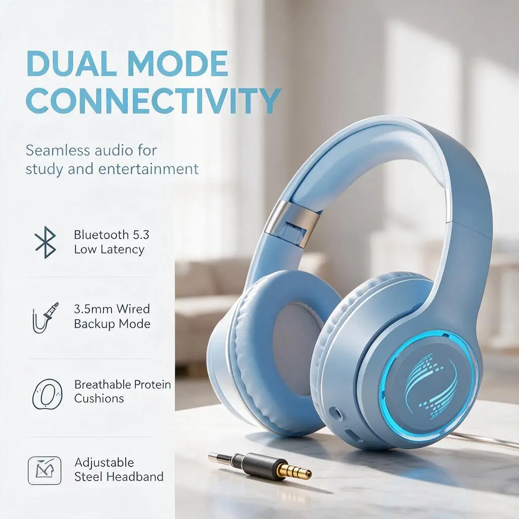 Bluetooth Headphone with RGB Lights Gaming Headset Low Latency Long Battery Life, Perfect for Gaming, Music, School & Christmas Gift for Girls and Boys, Blue