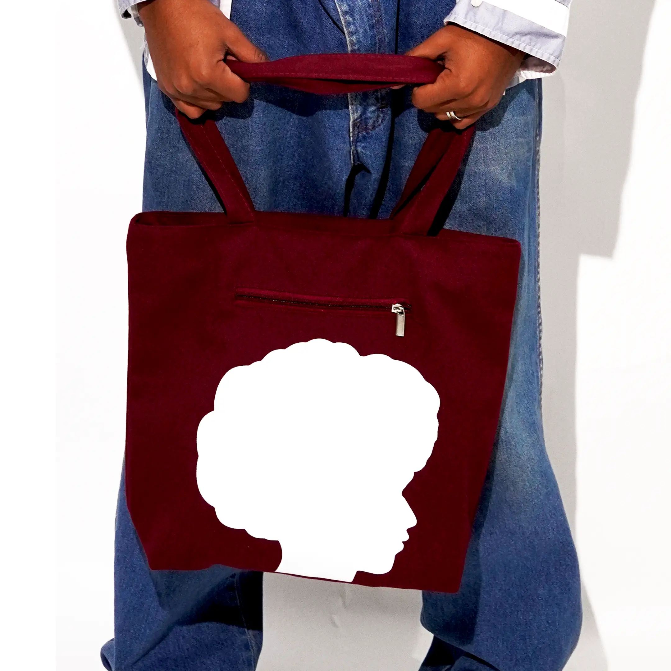 Burgundy Tote Bag with Unique Silhouette Design and Zipper Closure for Everyday Use Elegant Functional and Versatile for Work, School, or Errands