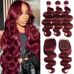 Burgundy  Human Hair with Closure 99j 4x4  Wave Closure Human Hair with 3  18 20 22+18inch- Unprocessed  Brazilian Virgin Hair,  Red Color Brazilian  Wave