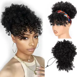 Drawstring Ponytail for Black Women, Afro Puff Kinky Curly Hair Ponytail Extension with Bangs Black Updo  Hair Ponytail (1B  Black)