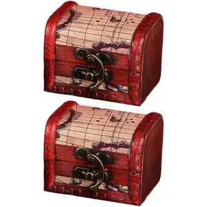 2 count 3.15x2.56x2.36 Inch Map  Retro Wooden Box Organizer with Clasp Cerise Wooden  Container Case  Treasure Chest Storage for Women  Storage  Decoration