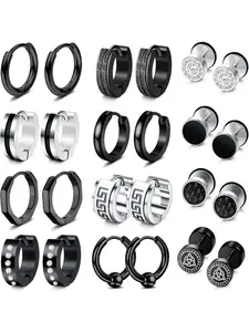 Cool 12 Pairs Black Silvery Stud Hoop Earrings Fashionable Stainless Steel Stud Earrings Set for Women Men Hypoallergenic Huggie Hoop Earrings Fake Plug Helix Piercing Flat Back Earrings Hoop Earring Sets