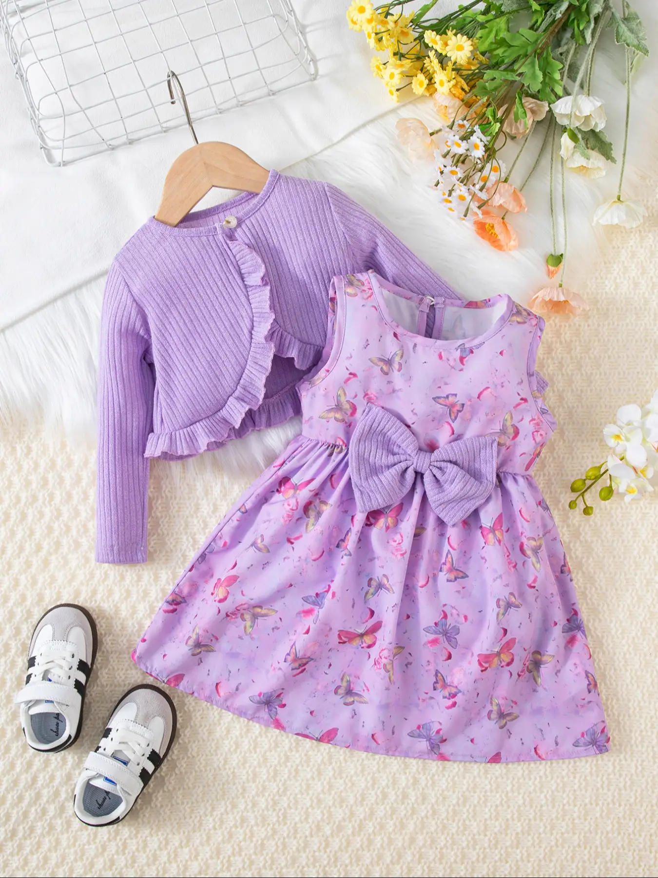2pcs Girls' fashion dress sets spring/autumn cute solid color cardigan bow vest dress elegant baby girl lace coat sleeveless dress suitable for outdoo