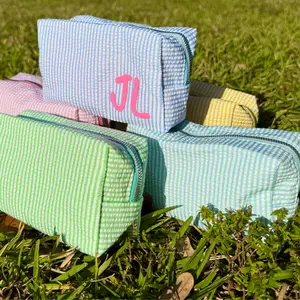 Customizable Seersucker Makeup Bag - Perfect ,Personalized Cosmetic Pouch in Stylish Seersucker ,Chic Monogrammed Makeup Bag for Bridesmaids
