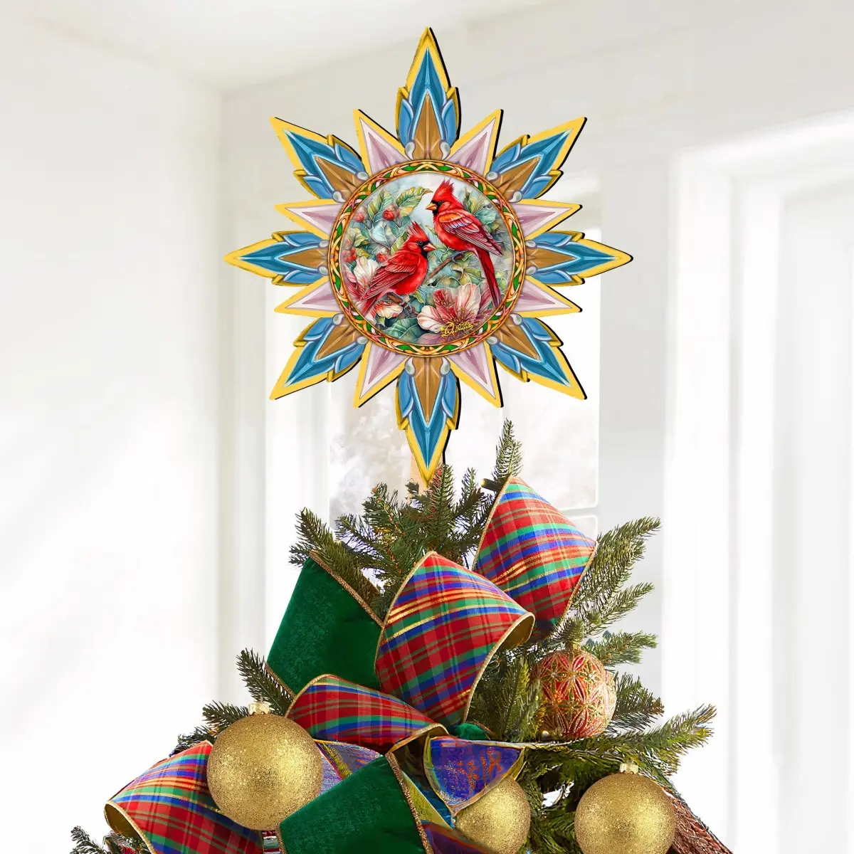 G. Debrekht 89510 1-Piece Woody UV-Coated Handmade Christmas Cardinal Star Wooden Tree Topper, Artistic Unisex Lightweight Durable Farmhouse Traditional Ornament for Home Holiday Decor
