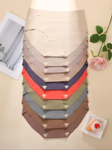 Women's Seamless Ultra-Thin Panties, Breathable Cut-Out Design, Plain Color, Wave Hem Quick-Dry Low Waist Underwear, Pack of 10