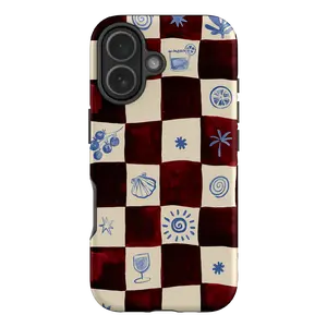 Mediterranean Summer Checkerboard Case, Burgundy Checkered Coastal Art Phone Case | Hand-Painted Tile Cover, Compatible with iPhone 11 12 13 14 15 16 17 Air Series, Slim Shockproof Protective Case, Gift for her
