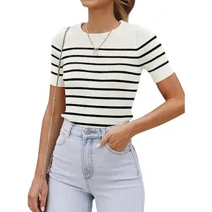 ZESICA Women's Short Sleeve Crewneck Striped T Shirt 2026 Summer Ribbed Knit Slim Fit Casual Basic Tee Tops