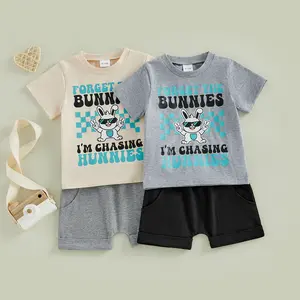 PYBCVRRD Kids Baby Boys Easter Outfits Set Short Sleeve Letters Rabbit Print T-shirt Tops with Shorts Toddler Set Summer Clothes Set 6M-4Y