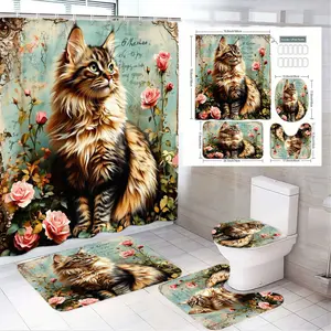 4pcs Vintage -Eyed Long-Haired Cat Bathroom Decor Set, Roses & Autumn Foliage, Background, Shower Curtain, Toilet Seat Cover, Bath Mats,  The floor mat fabric is thicker and softer! Cozy Fall and Thanksgiving Bathroom Ensemble