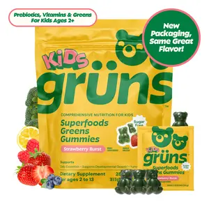 Grüns Kids Greens Multivitamin Gummies (Sugar-Free): 21+ Vitamins & Minerals, Whole-Food Fruits, Vegetables, Prebiotics, Mushrooms, & Adaptogens | Dietary Supplement | Multivitamin