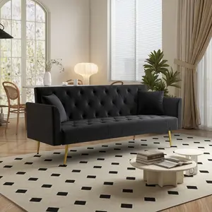 72" Modern Loveseat Velvet Sofa Bed Futon Convertible Sleeper Couch with Adjustable Backrest, Tufted Recliner with Golden Chrome Legs & 2 Pillows for Small Spaces, Living Room, Apartment