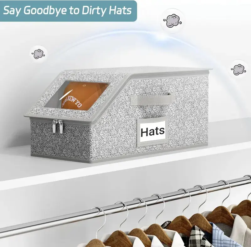 Stackable Baseball Cap Storage Box, Holds Up to 24 Hats, Foldable Hat Organizer with Clear Window, Large Capacity Cap Storage Container, Dustproof Space-Saving Closet Organizer for Bedroom, Shelf and Wardrobe