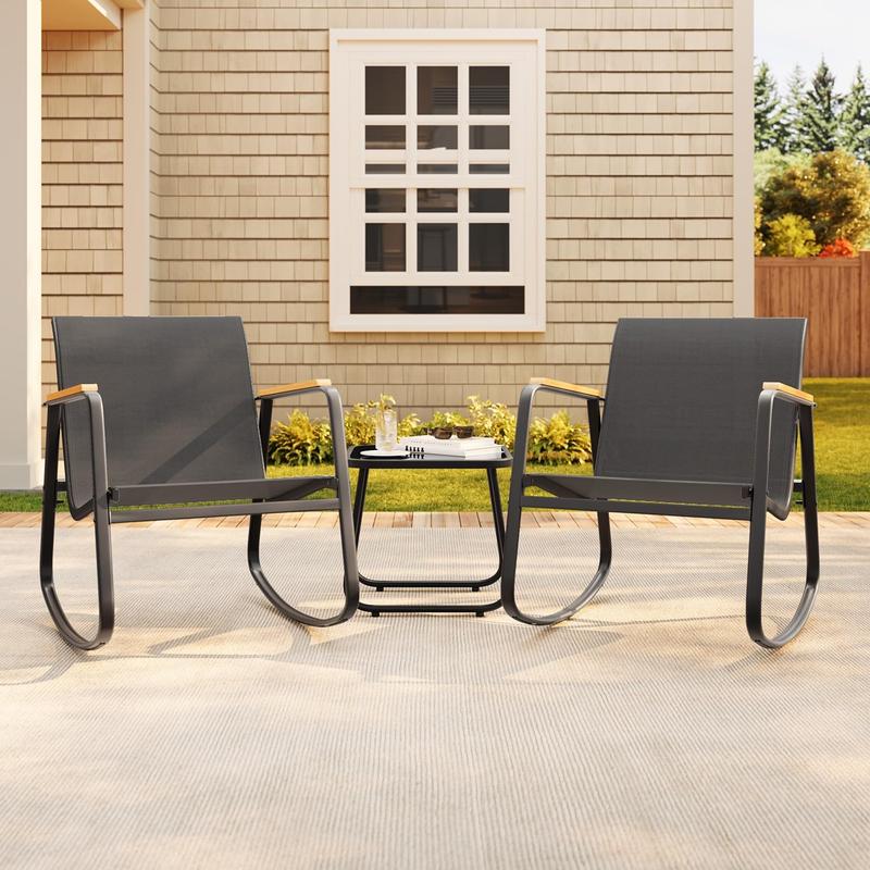 Gizoon 3 Piece Rocking Bistro Set, Textilene Fabric Patio Furniture Set, Front Porch Rocker Chairs with Coffee Table for Lawn, Garden, Balcony, Poolside (Black)
