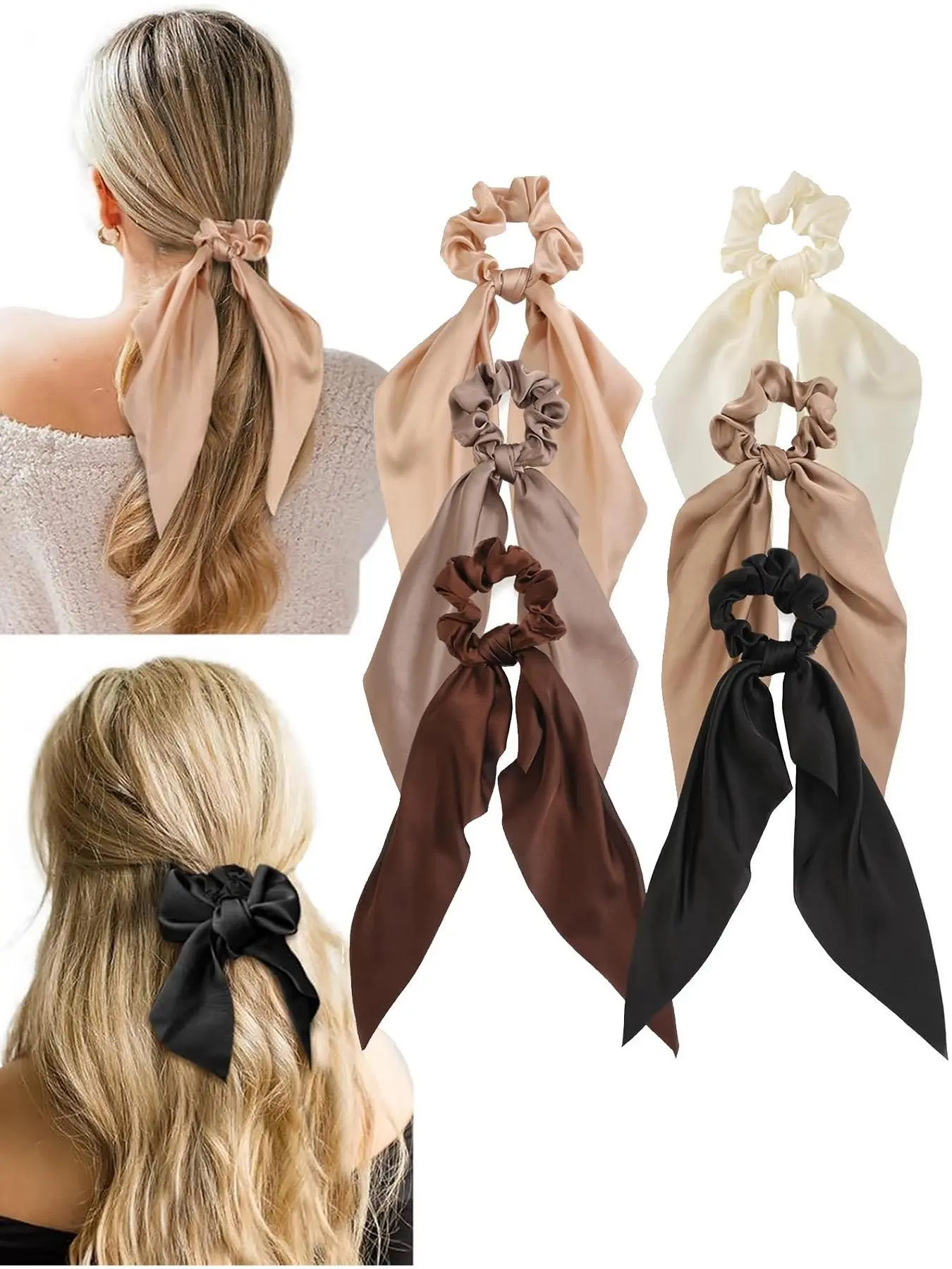 6pcs Pretty Bow Silk Scrunchies, Hair Ties, Elegant Hair Accessories for Women & Girls, Soft Silky Texture, Perfect Gift Idea for Her