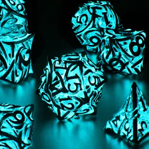 Glow in The Dark DND Dice Metal for Dungeons and Dragon 7 Polyhedral Dice Set Hollow Metal Vine DND RPG Dice for Role Playing Game (Vine Glow Blue)