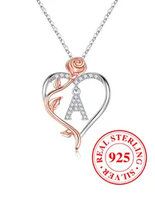 925 Sterling Silver Initials Necklace Heart Rose Design Pendant Necklace, Personalized Statement Necklace, Artificial Zircon Decor Letters Necklace for Women, Elegant All-match Fashion Accessories for Daily Wear（with Box）