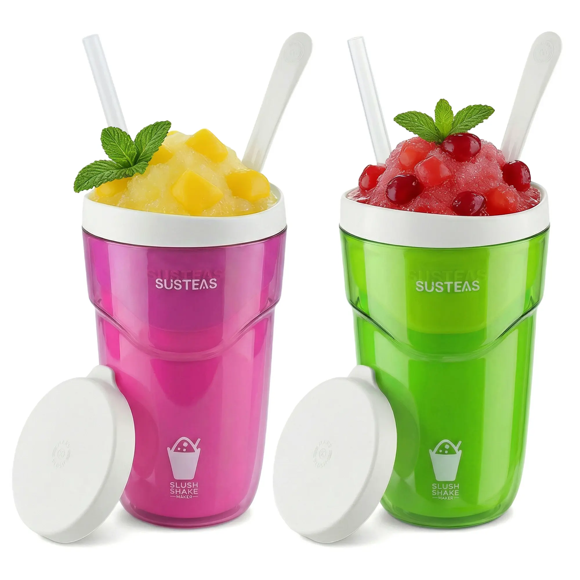 Susteas Slush Shake Maker - Pink & Green Cups with Lids & Spoons for Frozen Treats - Perfect for Smoothies & Slushies