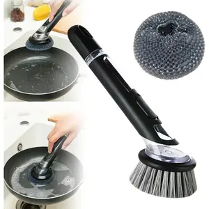 2024 New Dish Brush with Soap Dispenser Long Handle Dishwashing Brush with Replaceable Heads Kitchen Dish Scrub Brush Soap Dispensing Dish Brush Kitchen Brush for Pot Pan Sink Cleaning