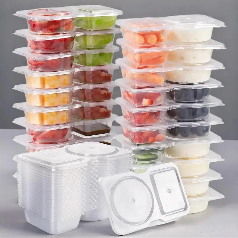 20 Pcs Food-Grade Plastic Snack Container Set - Lightweight, Sturdy, Reusable 2-Compartment Canisters with Stackable Airtight Lids, 2-Part Seasoning Jars Containers for Refrigerator, Disposable Tableware Set for Delivery Services