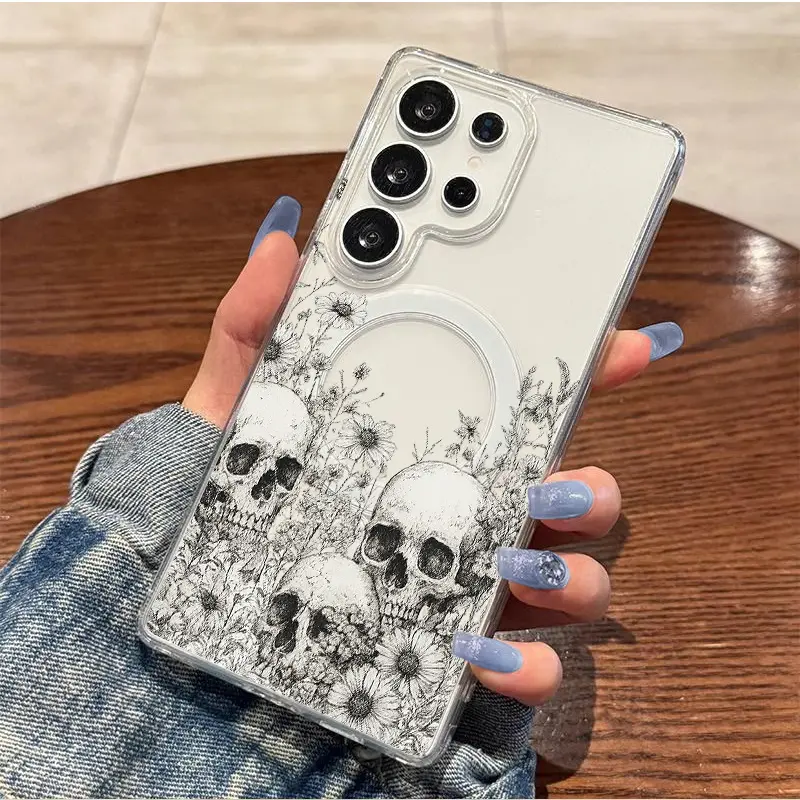 Gothic Skull & Wildflowers Hand-Drawn Smartphone Casing, Transparent Thick Shockproof Hard Case with Magnetic Ring for Galaxy S26-S21 S20 FE Plus Ultra Edge S10E A57-A05s Note20 - Handheld Cellphone Protection Accessory, Cover