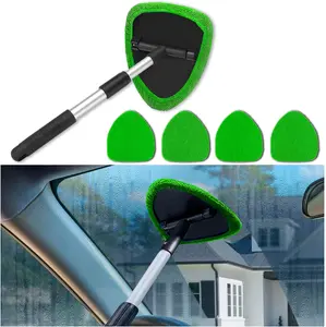 Windshield Cleaner Tool - Portable  Interior Window Cleaning Kit with Extendable Handle, 4 Microfiber Towel Pads, Auto Glass Wiper for Windshield, Universal for RV, SUV,  (Green)