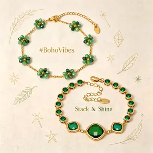 Women's Dainty 18K Gold-Plated Titanium Steel Bracelet - Green Flower Floral Beads, Green Square Gemstones, 16+5cm Adjustable, Hypoallergenic, Tarnish-Free, Waterproof, 2 Styles, Daily Wear & Gift Costume Jewelry